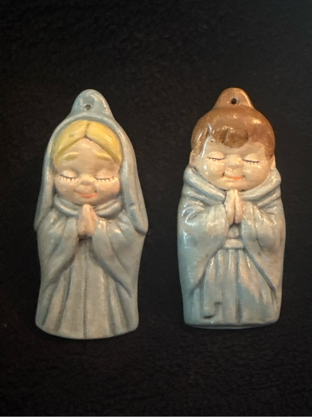 80s Vintage Light Blue Ceramic Praying Mother Mary and Joseph ornaments- Pair
